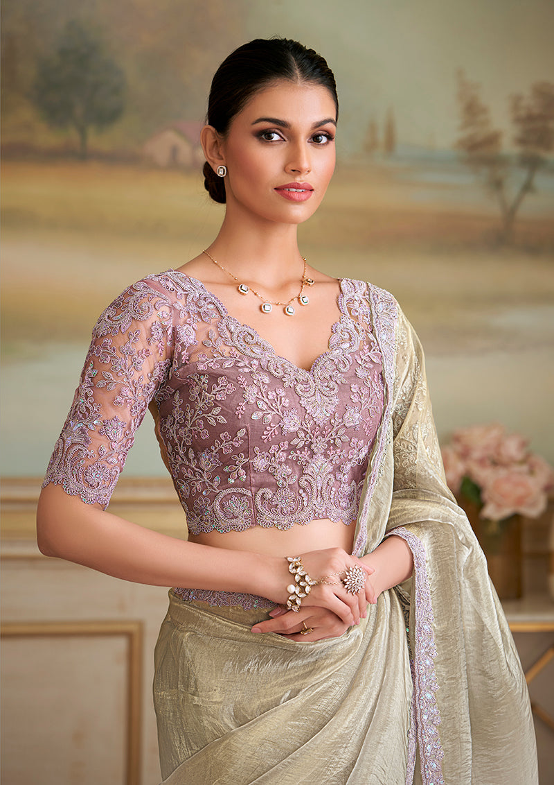 Beige Tissue Georgette Saree with Embroidered Border for Parties
