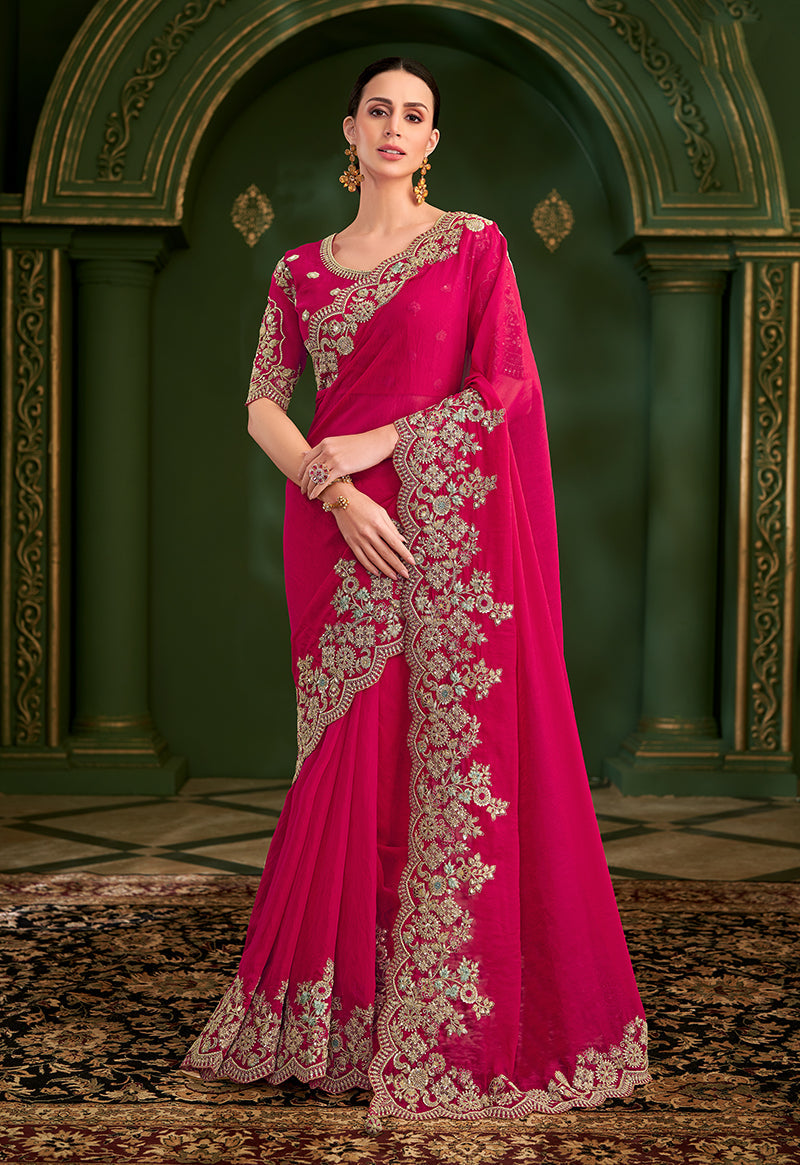 Monjolika Fashion Rani Pink Color Shining Silk Georgette Saree With Heavy Work Blouse