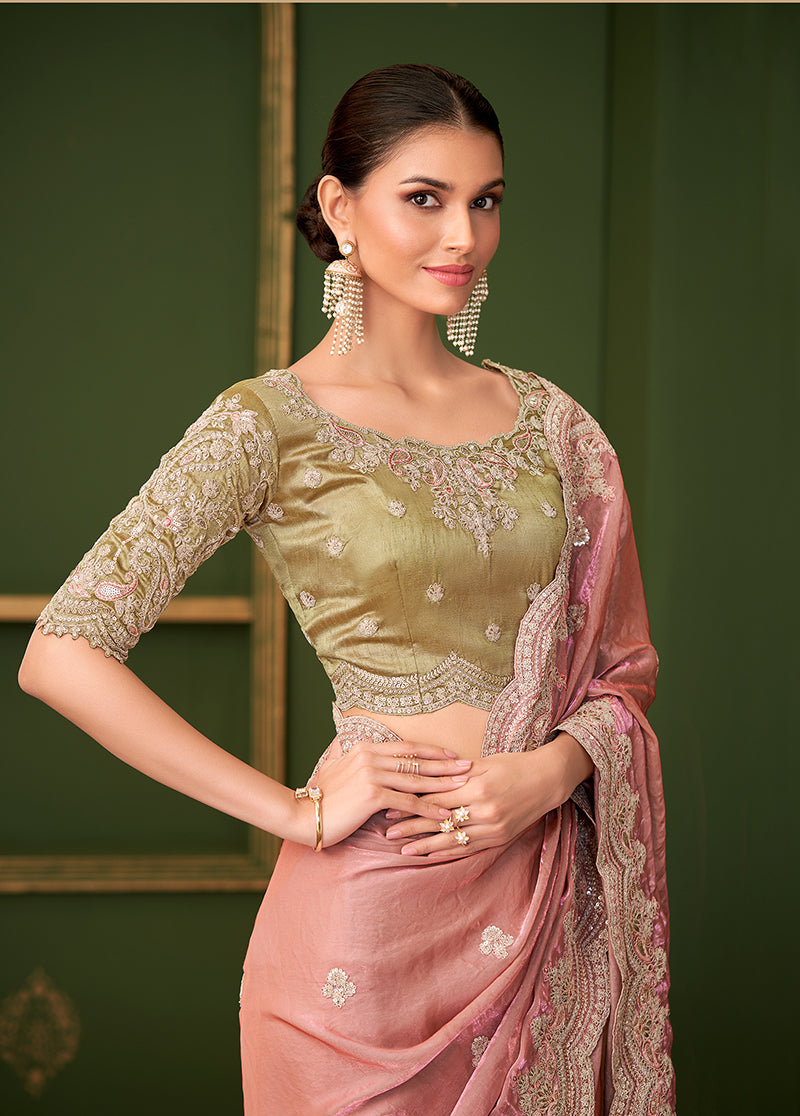 Monjolika Fashion Peach Color Shining Satin Georgette Saree With Heavy Work Blouse