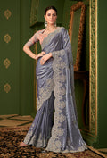 Monjolika Fashion Grey Color Shining Satin Georgette Saree With Heavy Work Blouse