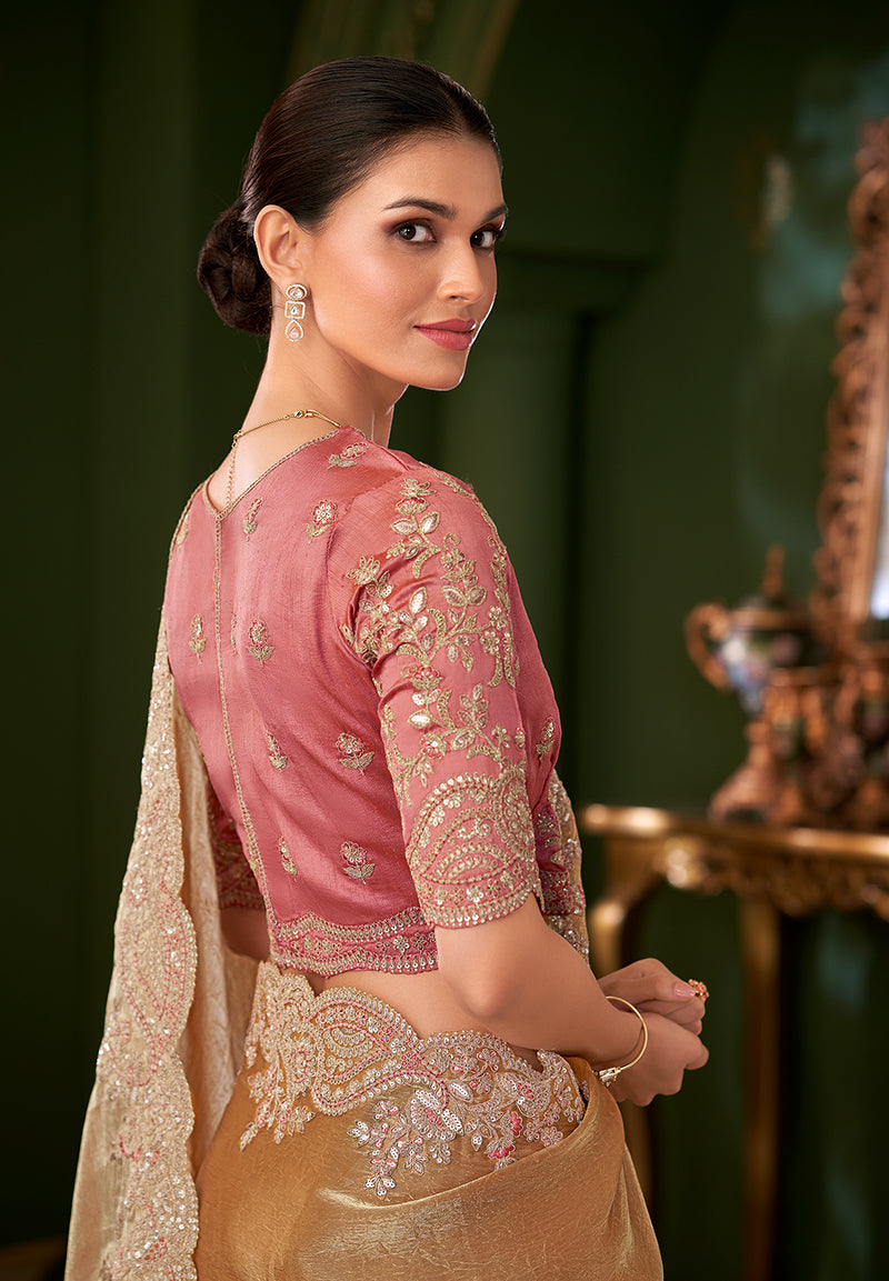 Monjolika Fashion Gold Beige Color Shining Satin Chiffon Silk Saree With Heavy Work Blouse