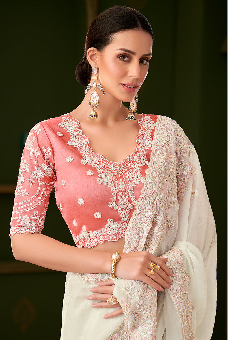 White Satin Georgette Silk Saree with Heavy Embroidered Blouse
