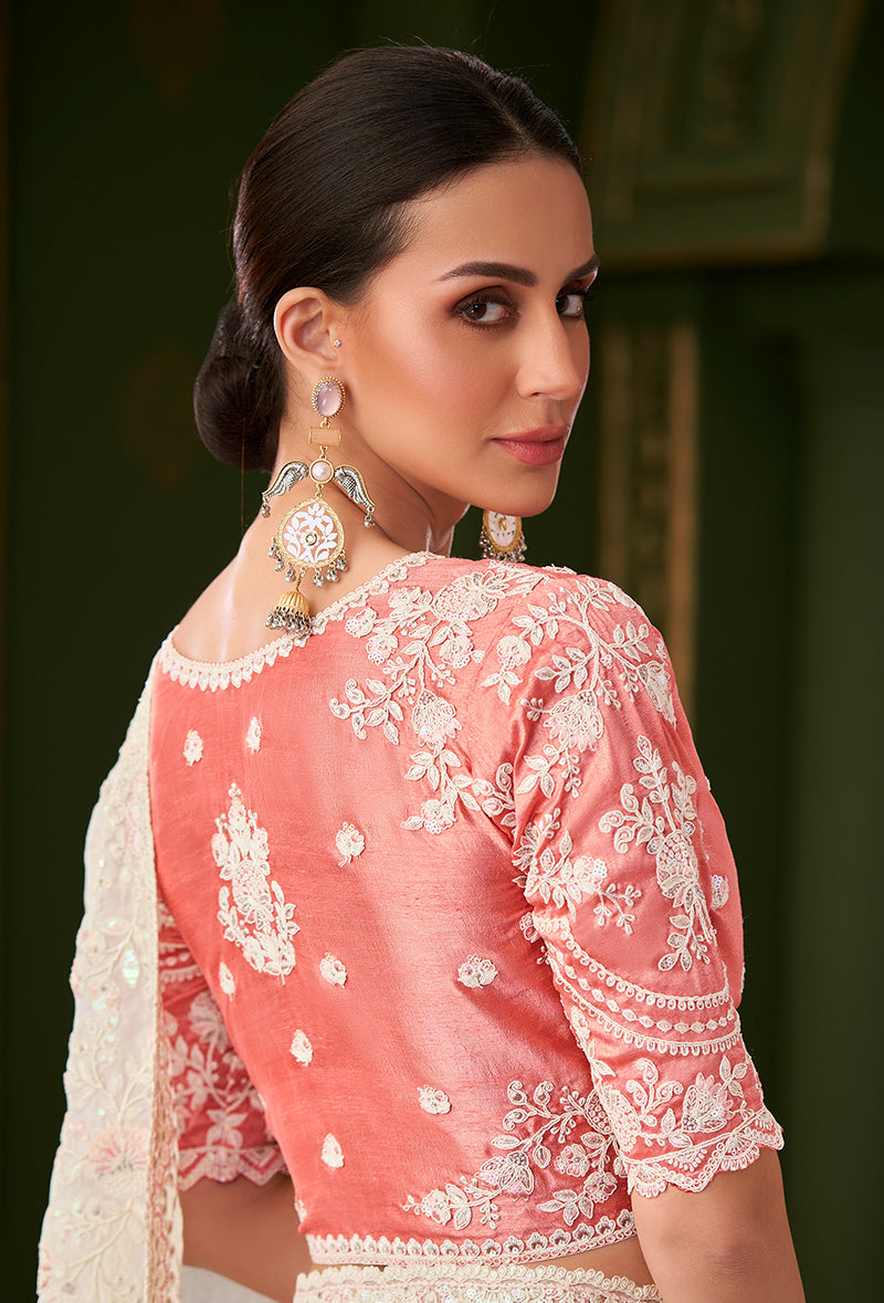 White Satin Georgette Silk Saree with Heavy Embroidered Blouse
