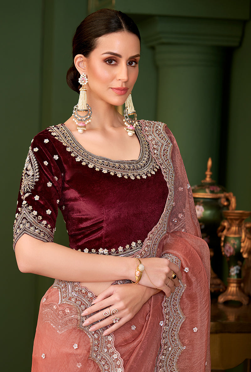 Monjolika Fashion Peach Color Tissue Georgette Silk Saree With Heavy Work Blouse