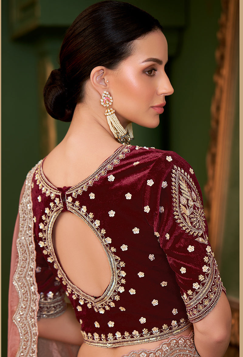 Monjolika Fashion Peach Color Tissue Georgette Silk Saree With Heavy Work Blouse