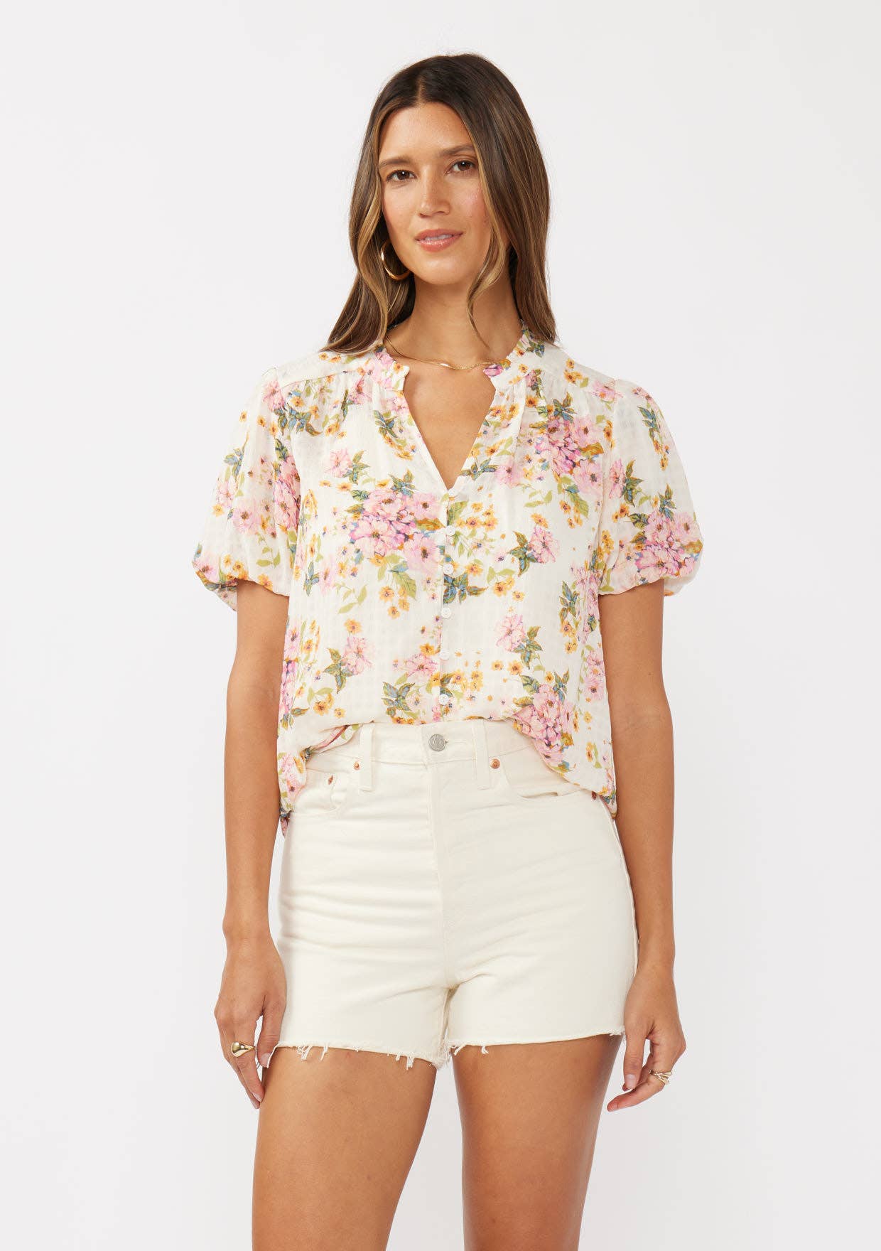 Floral Puff Sleeve Button-Down Top in Natural and Dusty Pink