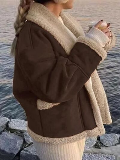 Women’s Fuzzy Collared Long Sleeve Jacket with Button Closure