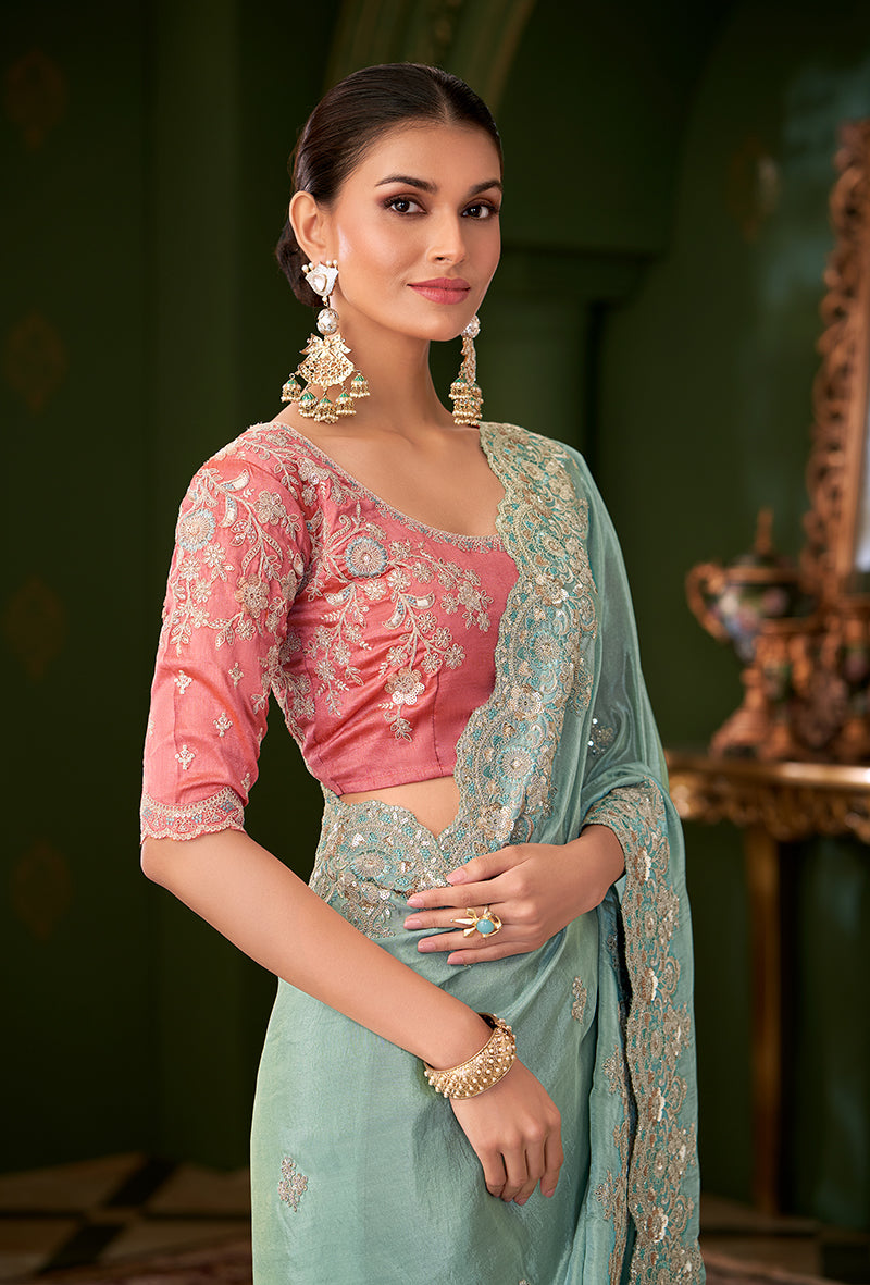 Sky Blue Viscose Georgette Silk Saree With Heavy Work Blouse