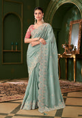 Sky blue viscose georgette silk saree with heavy ethnic embroidered blouse