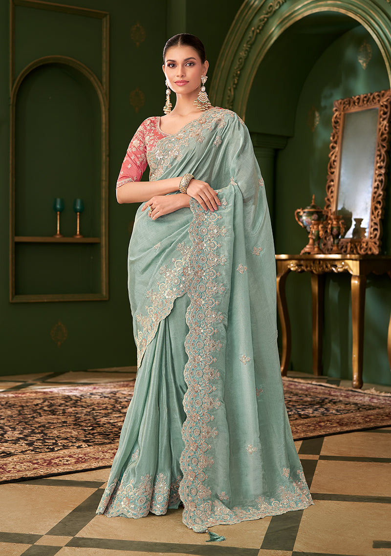 Sky blue viscose georgette silk saree with heavy ethnic embroidered blouse