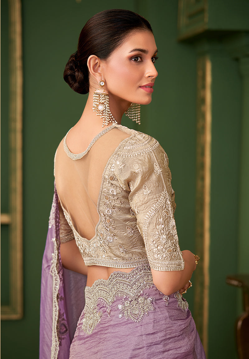 Monjolika Fashion Lavender Color Viscose Georgette Silk Saree With Heavy Work Blouse