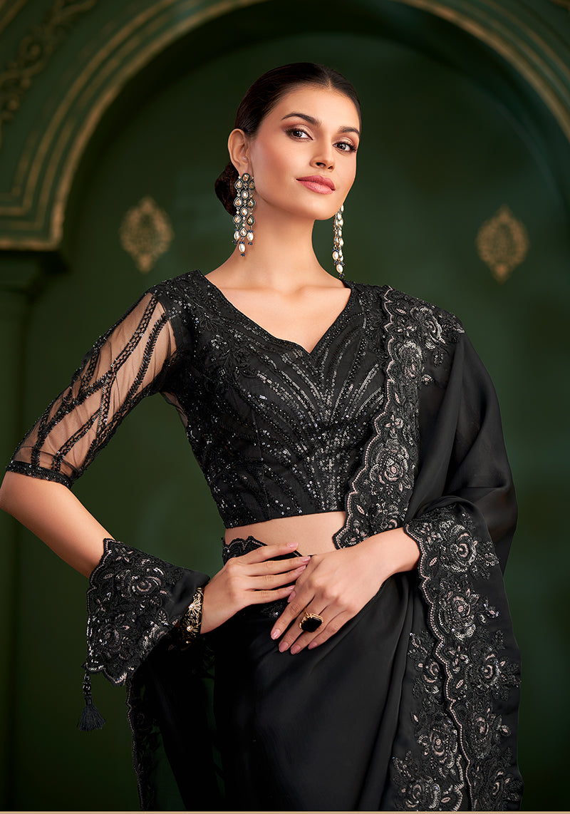 Black Satin Georgette Saree With Heavy Embroidered Work Blouse