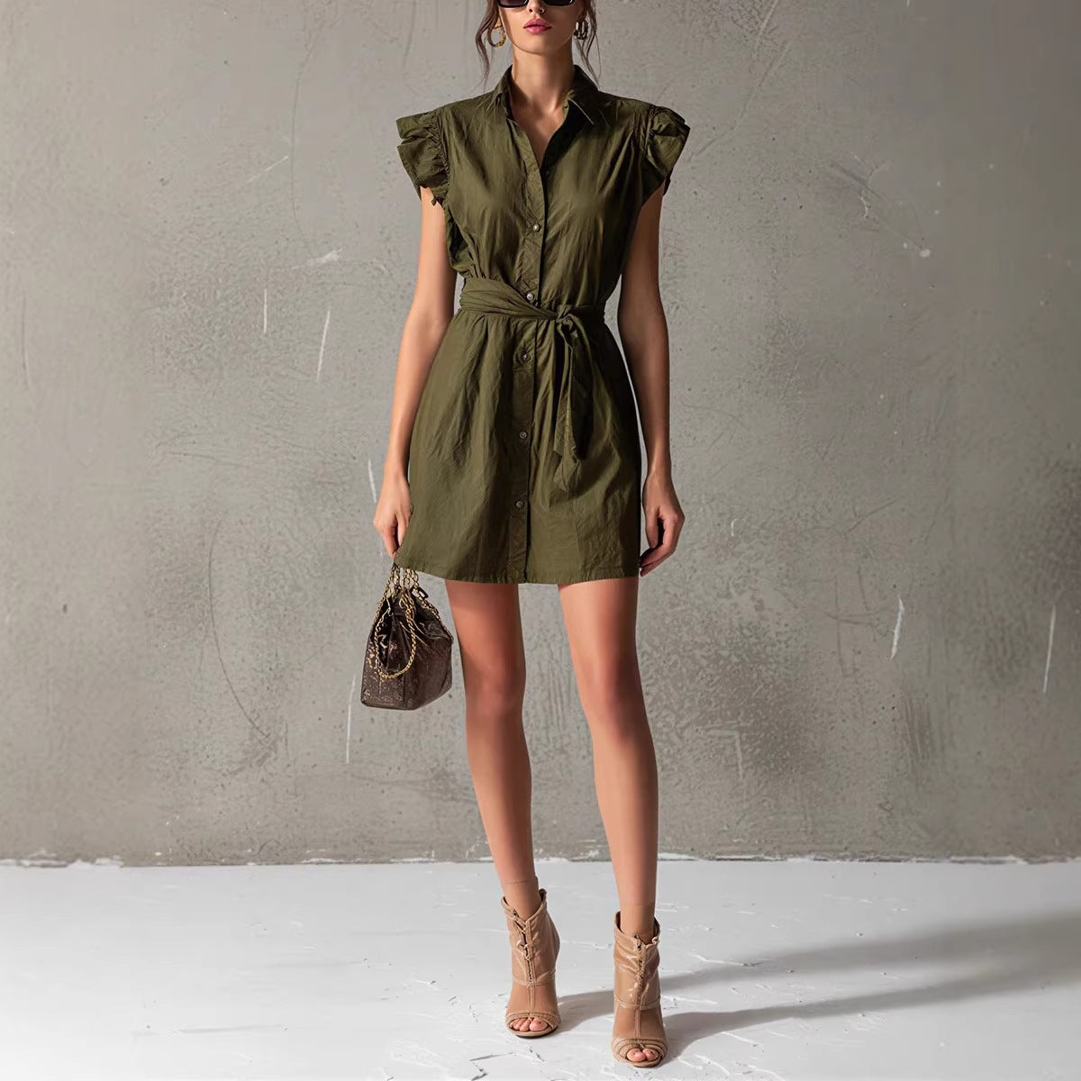 Women's Ruffle Sleeve Button-Down Shirt Dress with Waist Tie - Image 2
