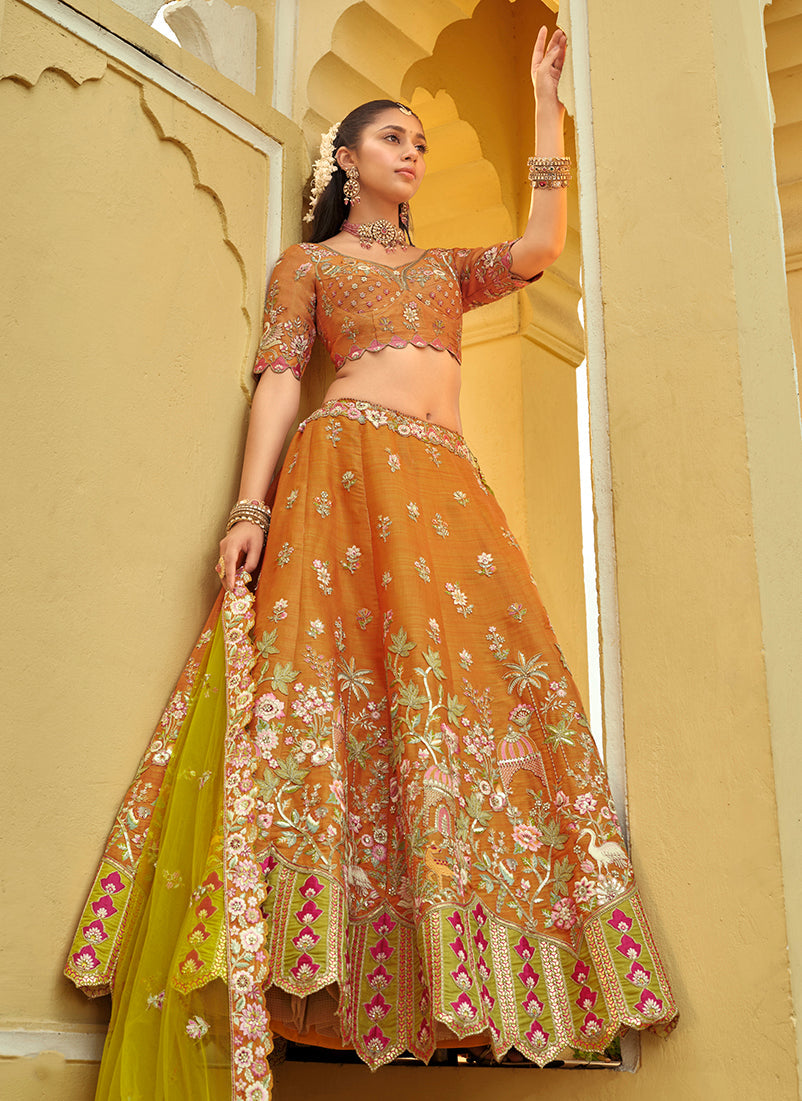 Readymade Heavy Embroidered Silk Lehenga Choli in Amber