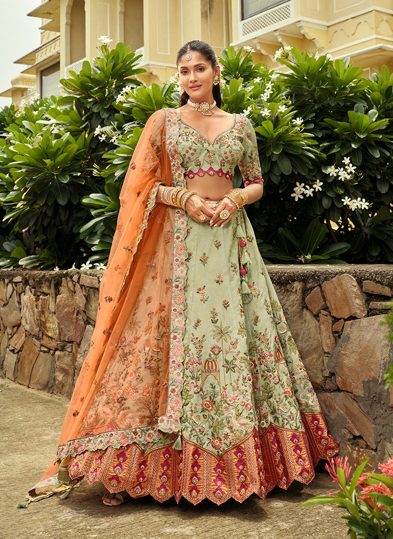 Pastel Green readymade silk lehenga choli with heavy embroidery