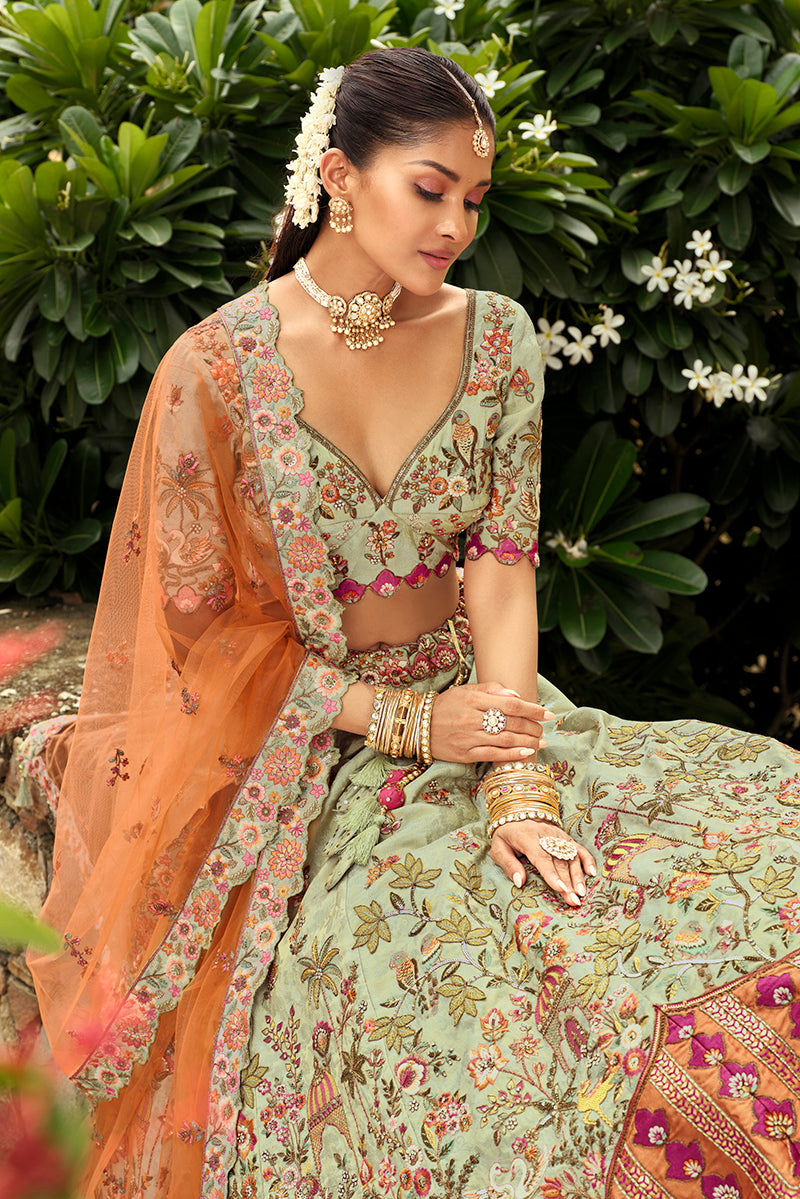 Pastel Green Readymade Heavy Work Embroidered Silk Lehenga Choli