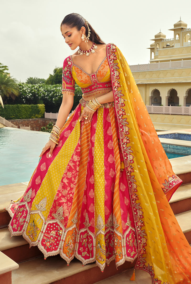 Embroidered Silk Lehenga Choli Set in Multicolor Rani Pink