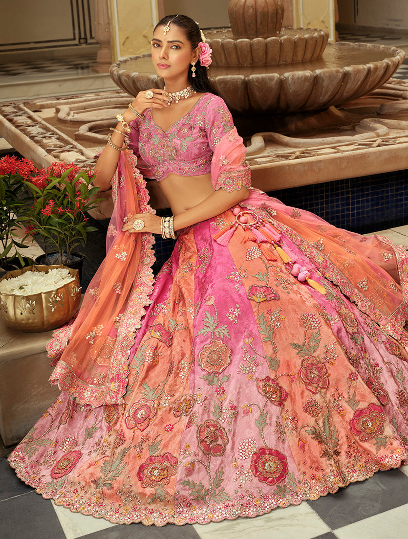 Pink and Rust Embroidered Silk Readymade Lehenga Choli Set