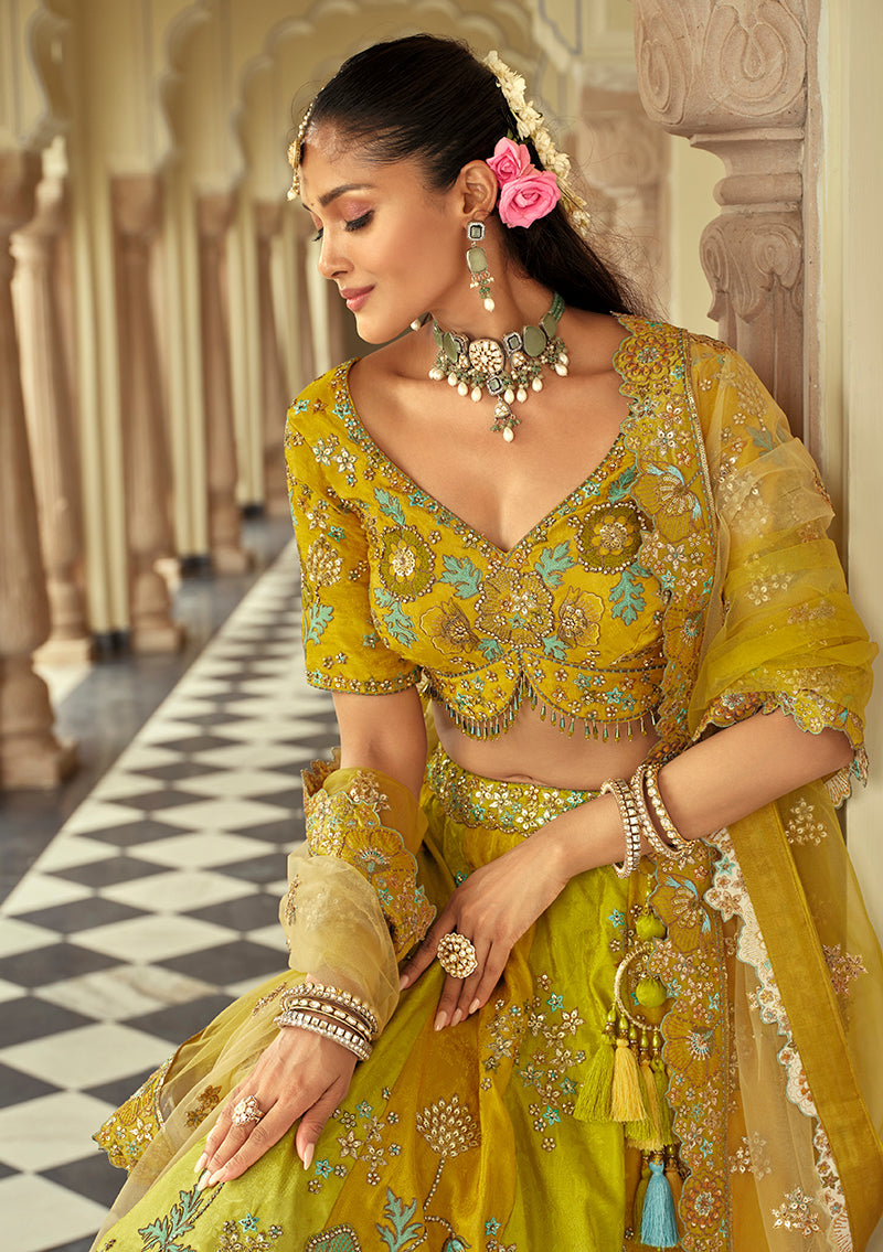 Monjolika Fashion Readymade Lehenga Choli Heavy Work Embroidered Silk In Lemon