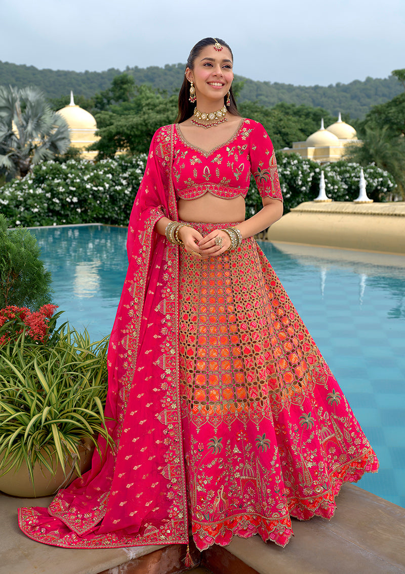 Monjolika Fashion Rani Pink Designer Embroidered Work Fancy Silk Wedding Lehenga Choli