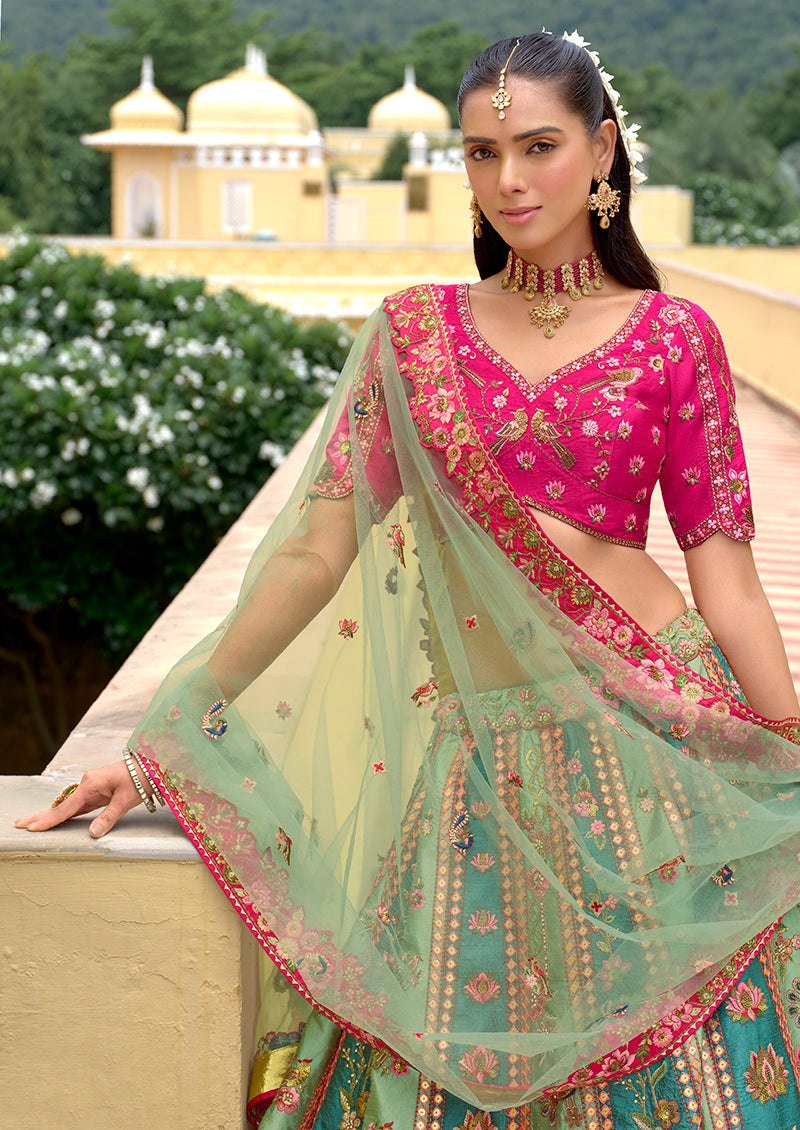 Monjolika Fashion Sea Green Designer Embroidered Work Fancy Silk Wedding Lehenga Choli