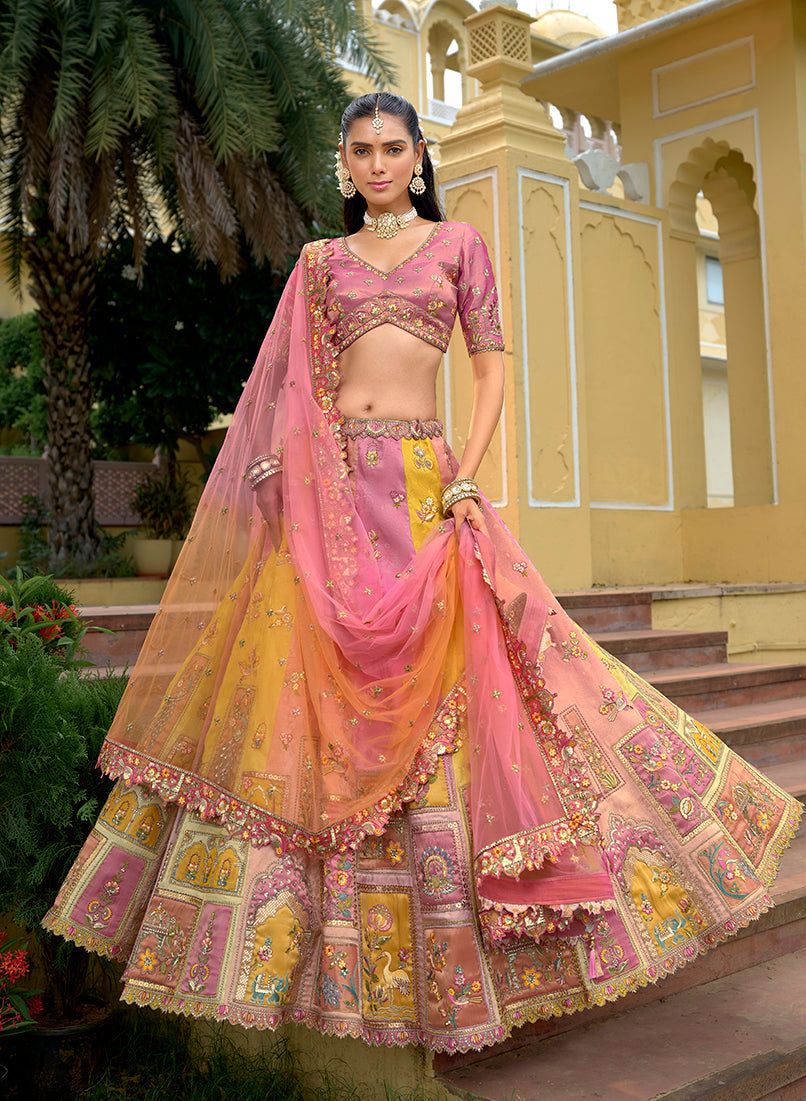 Multicolor and Pink Embroidered Fancy Silk Wedding Lehenga