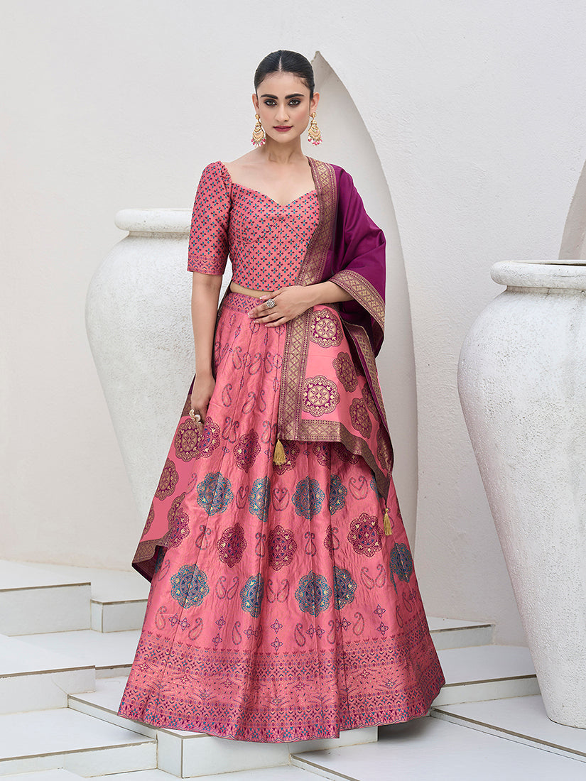 Pink Kanjivaram silk jacquard lehenga with intricate zari work