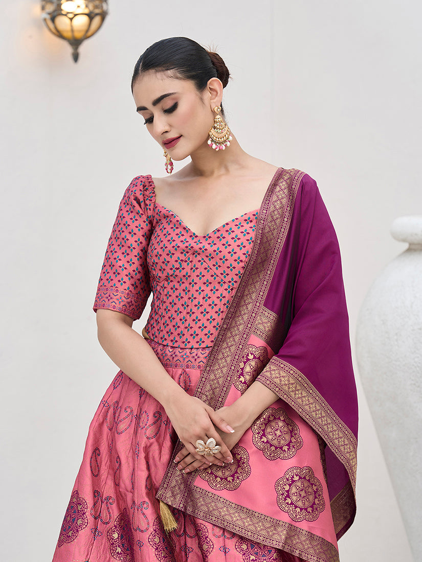 Pink Kanjivaram Silk Jacquard Designer Lehenga Choli