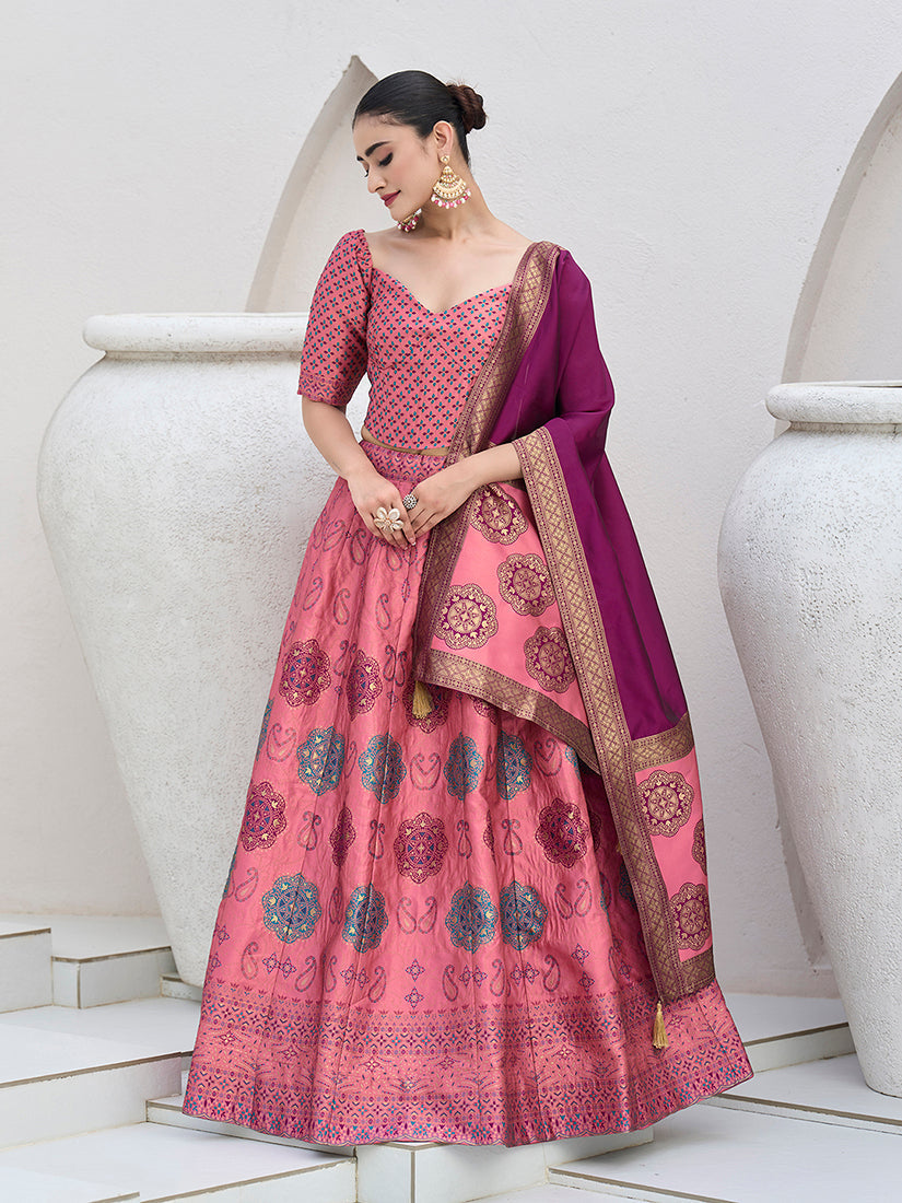 Pink Kanjivaram Silk Jacquard Designer Lehenga Choli