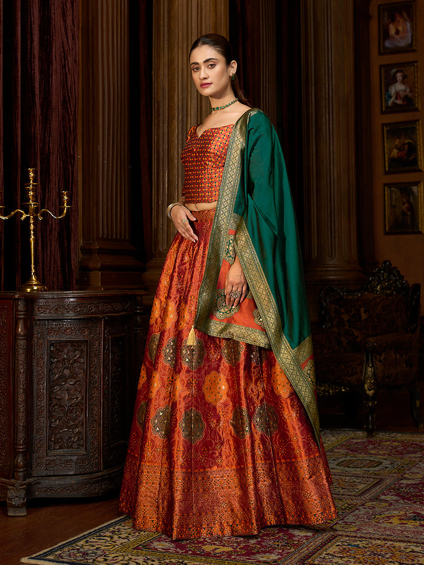 Monjolika Fashion Rust Color Kanjivaram Silk Jacquard Designer Lehenga Choli