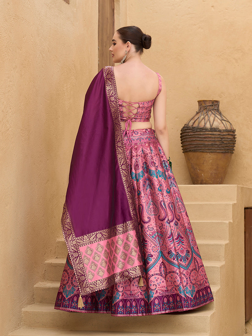 Monjolika Fashion Thread Work Jacquard Silk In Pink Lehenga Choli
