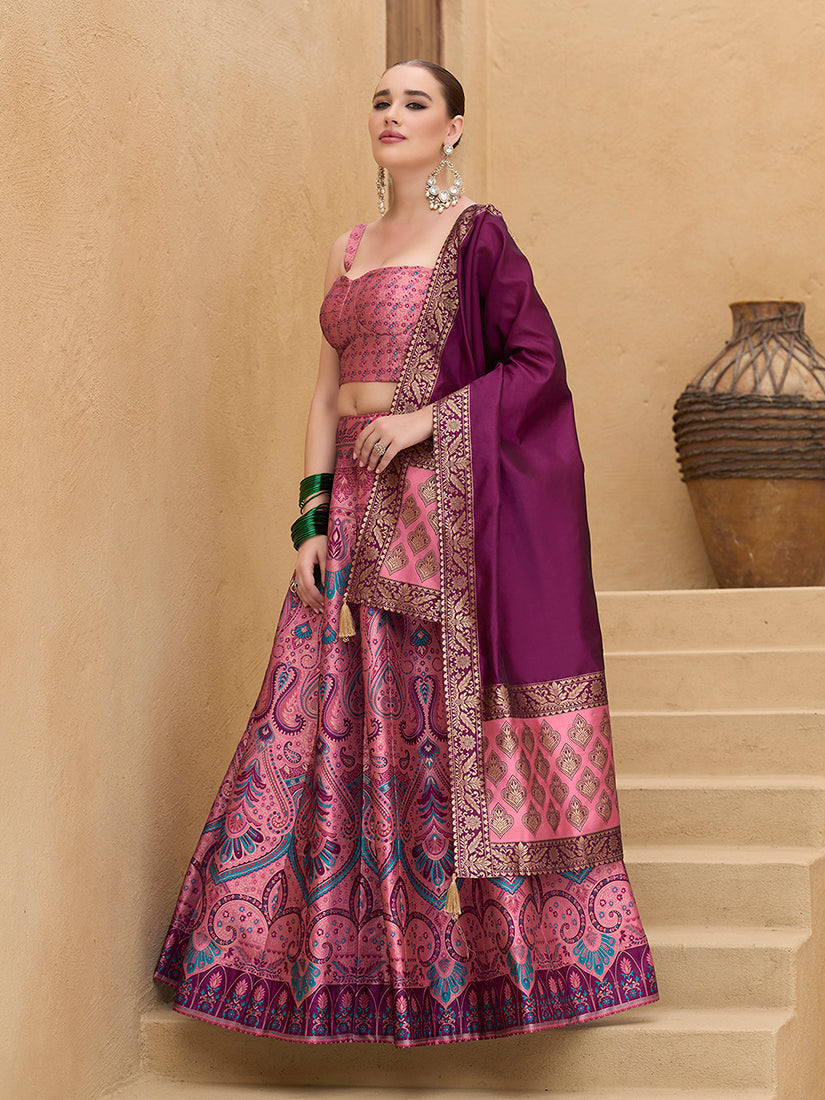 Monjolika Fashion Thread Work Jacquard Silk In Pink Lehenga Choli