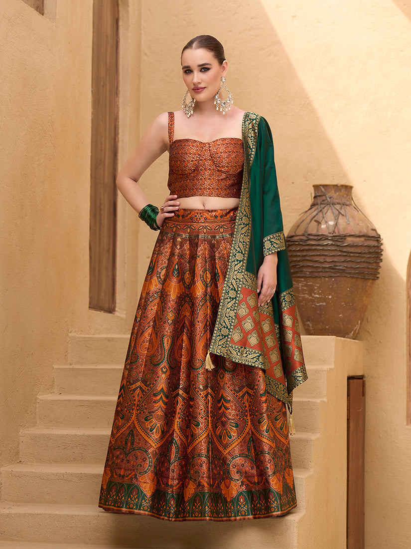 Rust orange Jacquard silk lehenga choli with traditional zari thread work