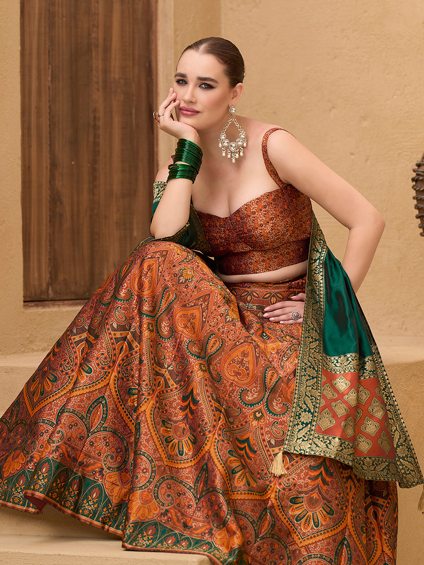 Rust Orange Jacquard Silk Lehenga Choli with Zari Work