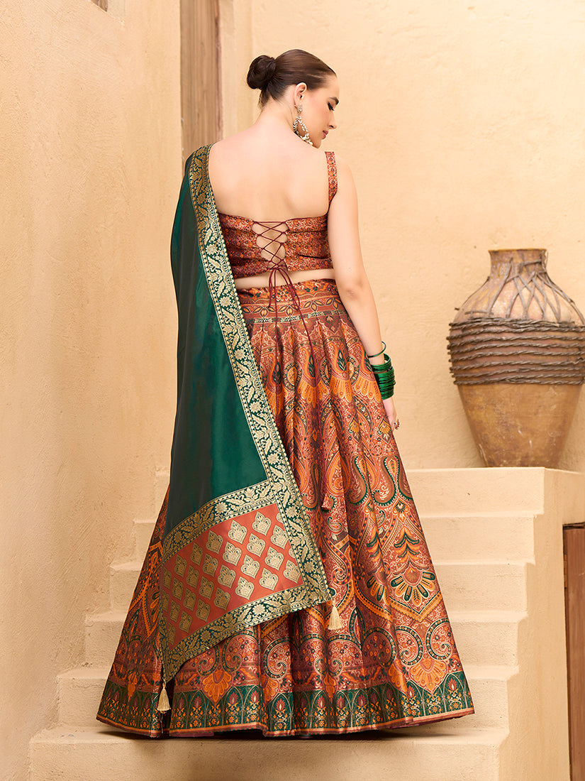 Rust Orange Jacquard Silk Lehenga Choli with Zari Work