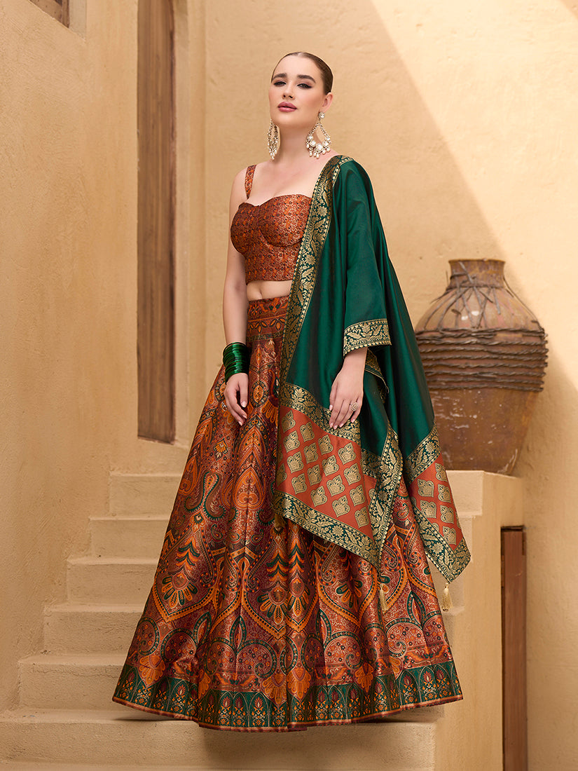 Rust Orange Jacquard Silk Lehenga Choli with Zari Work
