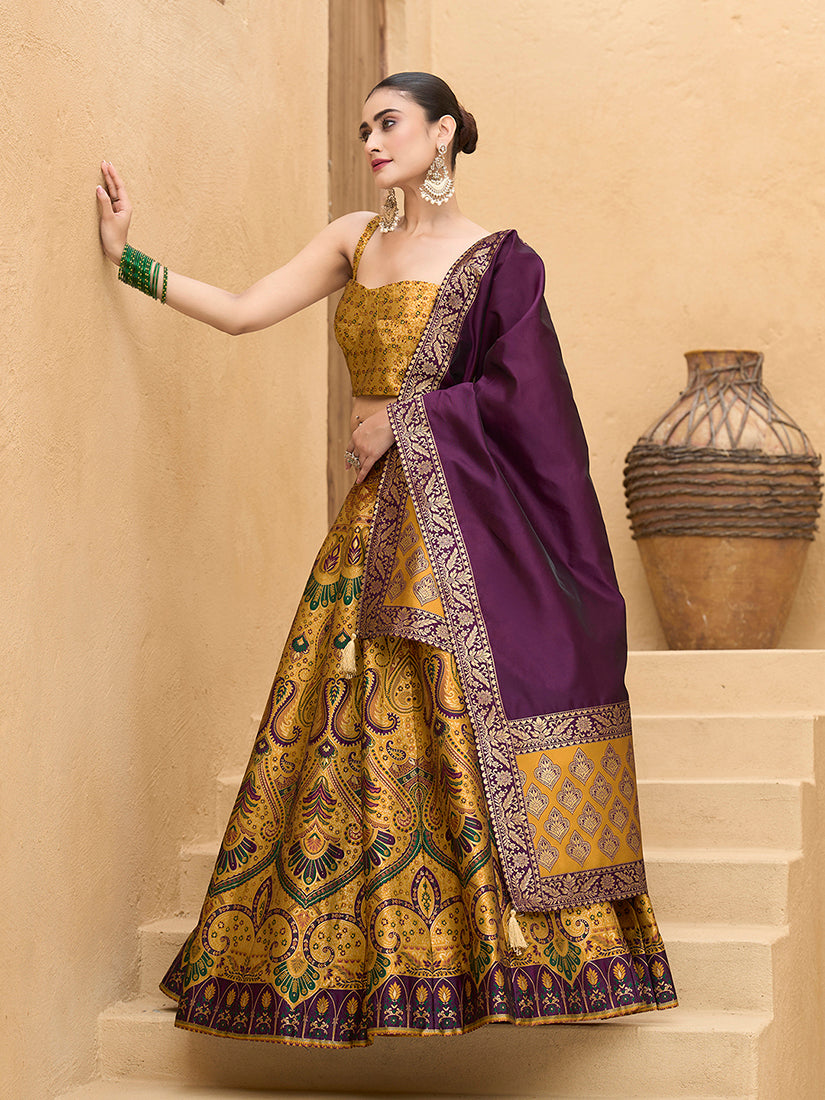 Yellow Kanjivaram Silk Lehenga Choli with Zari Embellishment
