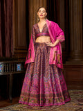 Model wearing a multi-color Kanjivaram Jacquard woven silk lehenga choli with gold detailing.