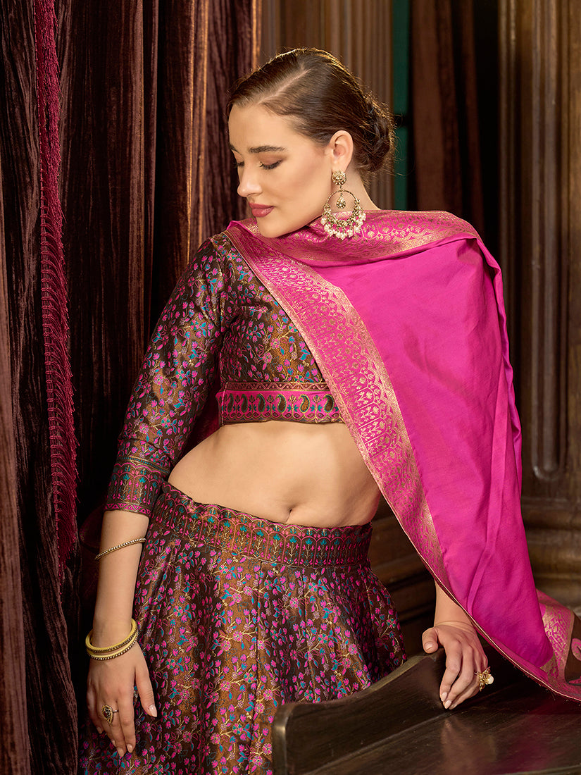 Multi Colour Kanjivaram Jacquard Woven Silk Lehenga Choli Set