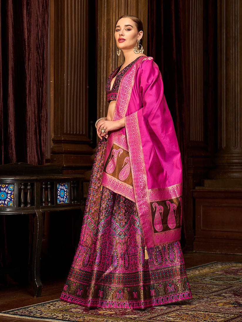 Multi Colour Kanjivaram Jacquard Woven Silk Lehenga Choli Set