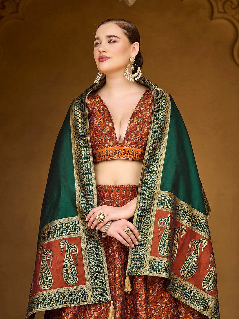 Rust Orange Kanjivaram Jacquard Woven Work Lehenga Choli