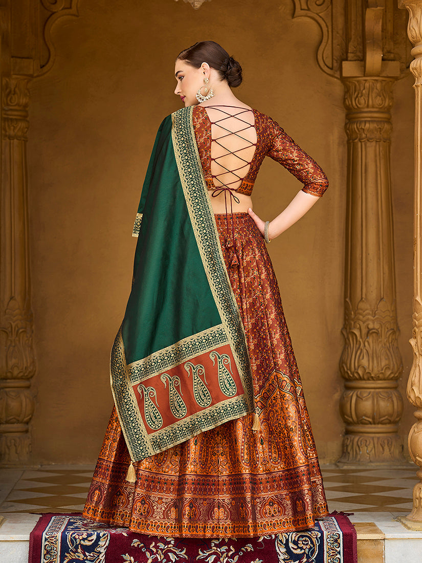 Rust Orange Kanjivaram Jacquard Woven Work Lehenga Choli