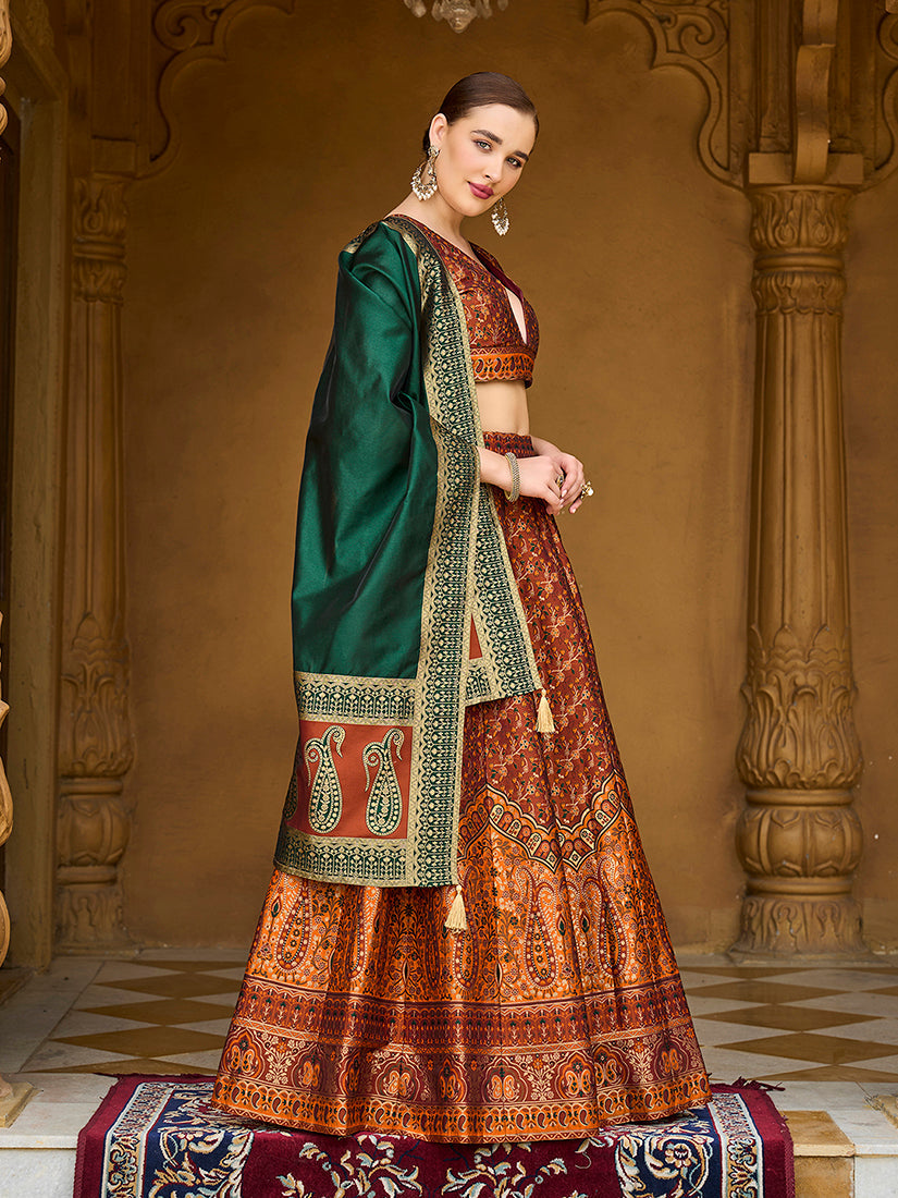 Rust Orange Kanjivaram Jacquard Woven Work Lehenga Choli