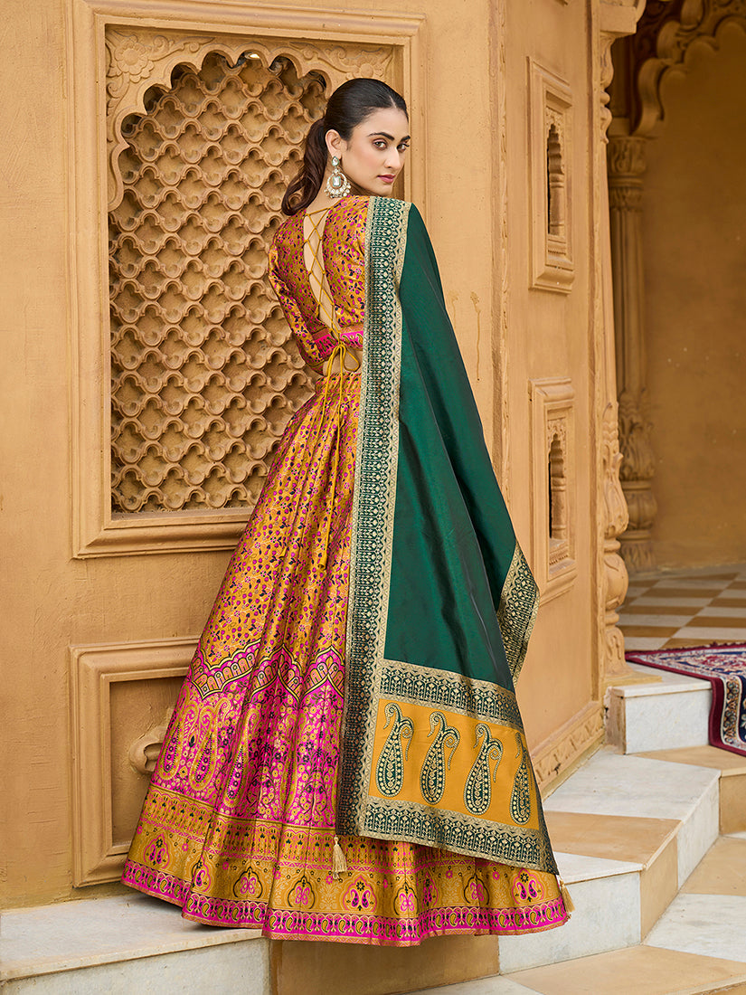 Monjolika Fashion Yellow Trendy Kanjivaram Jacquard Woven Work Lehenga Choli