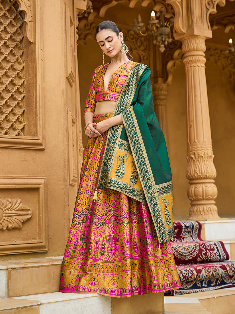 Monjolika Fashion Yellow Trendy Kanjivaram Jacquard Woven Work Lehenga Choli