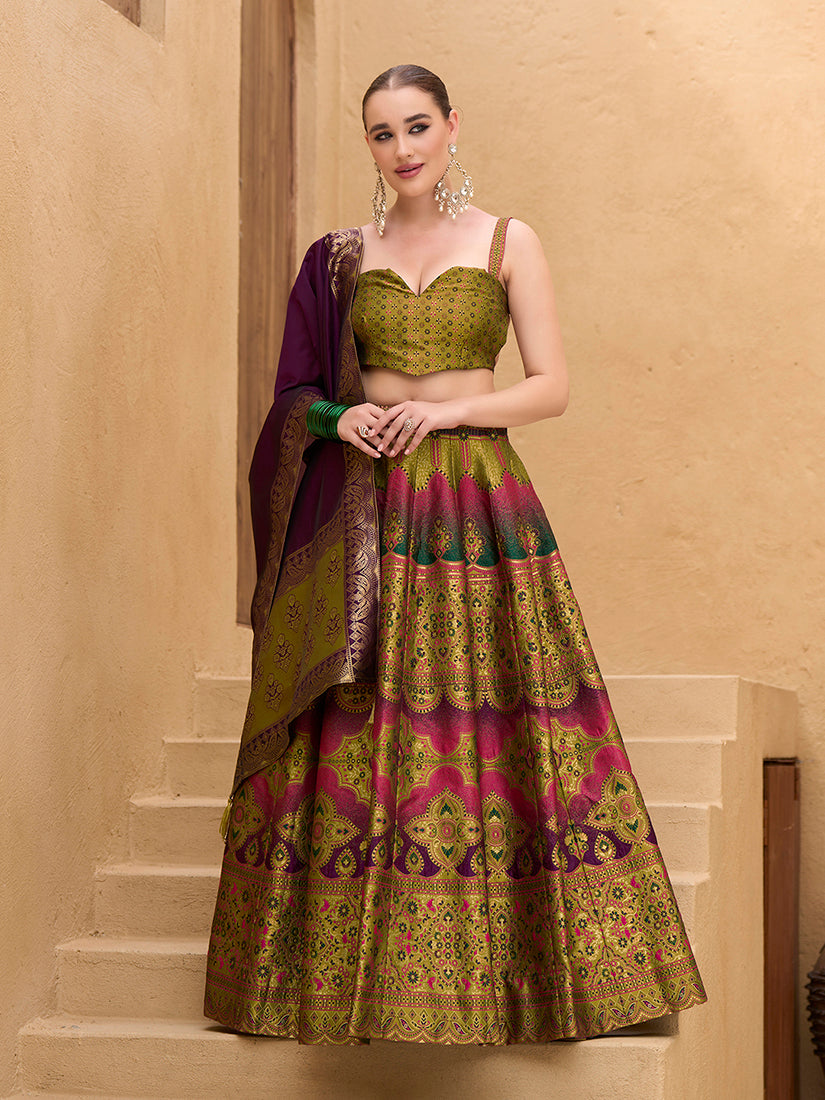 Mehendi Green Kanjivaram Silk Jacquard Lehenga Choli with zari embroidery