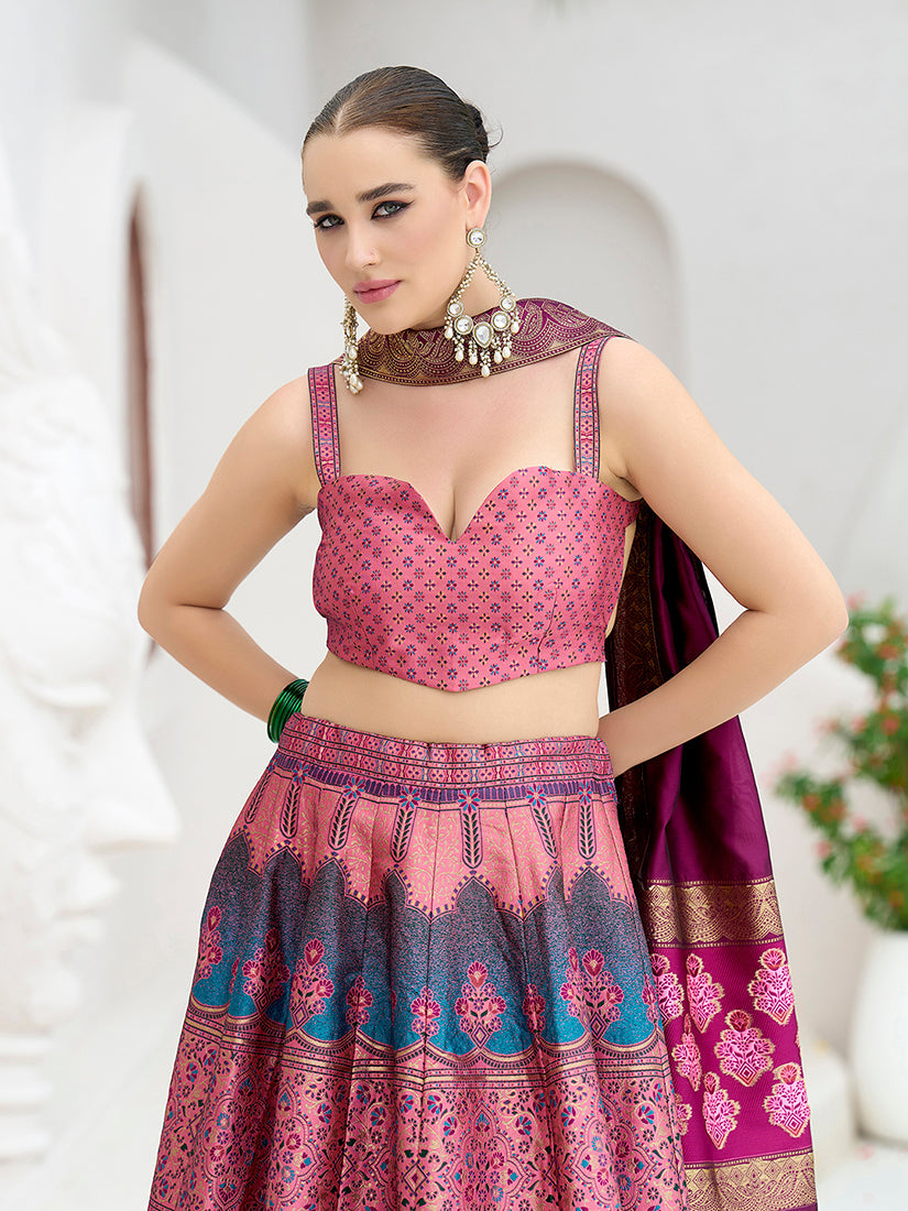 Monjolika Fashion Designer Lehenga Choli Jacquard Kanjivaram Silk In Pink