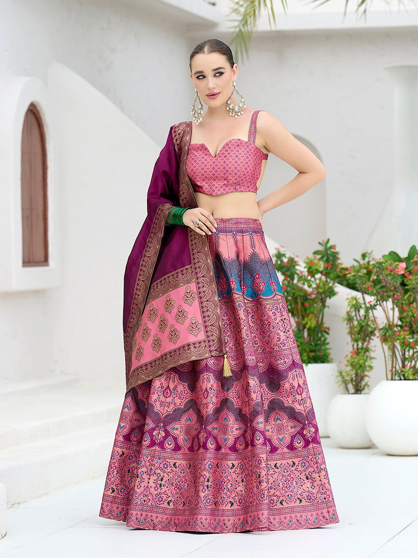 Pink designer lehenga choli made of jacquard Kanjivaram silk with zari details