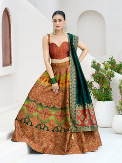 Rust orange Kanjivaram jacquard silk lehenga choli with elaborate zari embellishments.