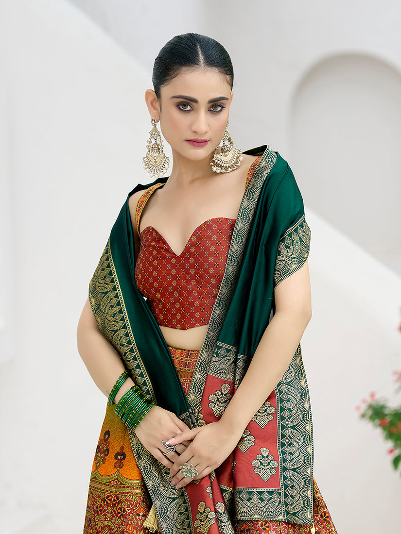 Monjolika Fashion Designer Lehenga Choli Jacquard Kanjivaram Silk In Rust